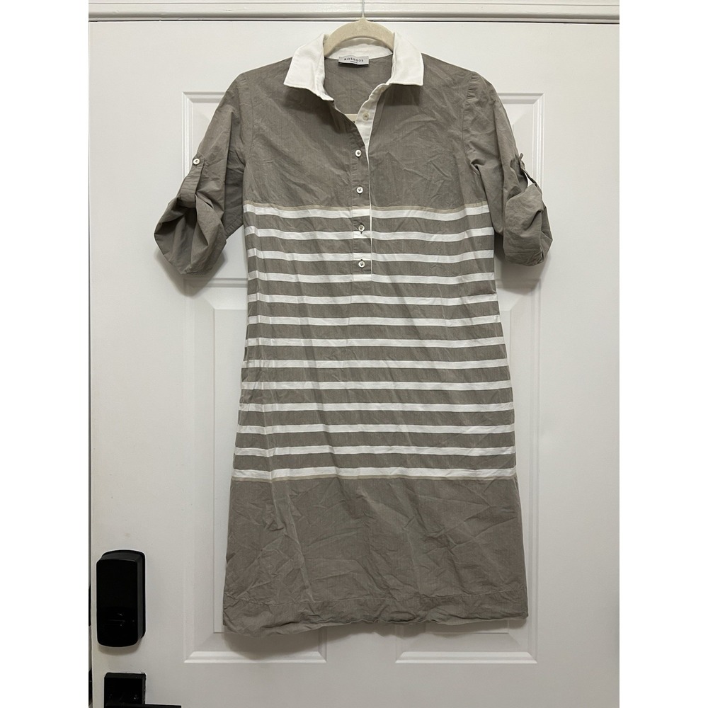 Rosso‎ 35 Genova Tan Pinstripe Henley A-Line Knee Shirt Dress Size Medium 42